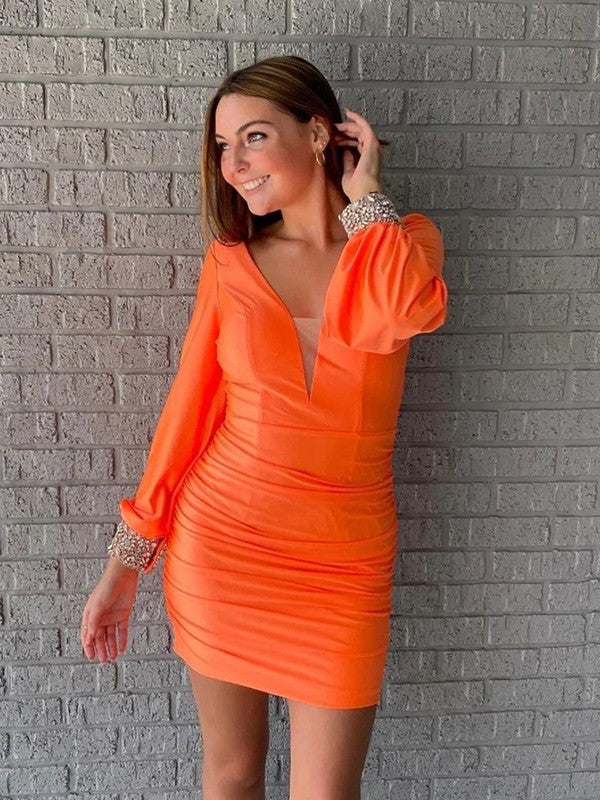 Vestido tubo/columna de gasa 30D con cuentas, escote en V, mangas largas, corto/mini